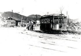 Skeleton of a burned-out streetcar